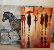 Two contemporary canvas, "Horse" and "Lady in the Rain" (80cm x 82cm)