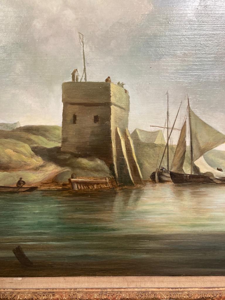 Roy Barley (After Charles Brooking) oil on board in gilt frame of a coastal scene with fort (90cm - Image 2 of 5