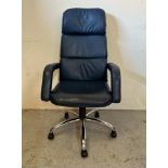 A blue leather adjustable office chair on castors