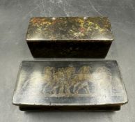 Two Victorian papier Mache snuff boxes, one depicting a Greek scene