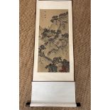 A Chinese wall hanging scroll on parchment traditional mountain scene (Full drop 177cm)