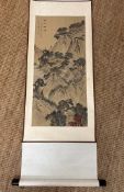 A Chinese wall hanging scroll on parchment traditional mountain scene (Full drop 177cm)