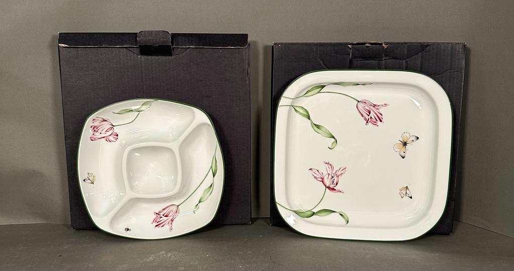 Two Royal Worcester serving dishes in the Alfresco pattern, a crudité dish and a platter both boxed