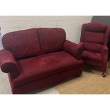 A two seater burgundy sofa with drop arms and a matching arm chair H83cm W150cm D80cm