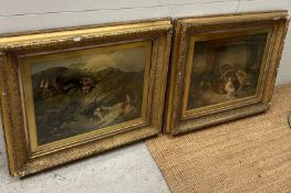 Two English school 19th Century style prints in large gilt frames, dogs hunting and dogs around food