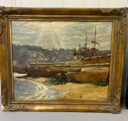 George Fagan Bradshaw (1887 -1960) Harbour Wall at St Ives oil on canvas in a gilt wood frame (