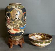 A Japanese satsuma vase on plinth and a satsuma bowl with crackle glaze