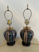 A pair of table lamps with blue and green detail on wooden base (H38cm)