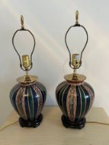 A pair of table lamps with blue and green detail on wooden base (H38cm)