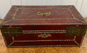 A red leather and brass deed box with stud detail (40cm x 23cm x 15cm) Dated to c 1750 Daniel