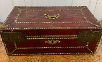 A red leather and brass deed box with stud detail (40cm x 23cm x 15cm) Dated to c 1750 Daniel