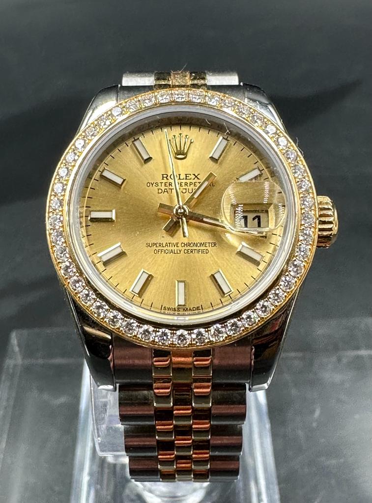 A Ladies Rolex Oyster Perpetual Datejust with diamond bezel, two tone gold and silver wristwatch - Image 2 of 8