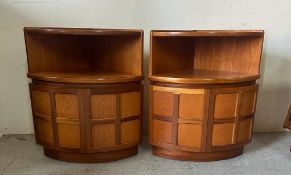 A pair of Nathan teak corner units with single shelf and cupboard under (H75cm W62cm D45cm)