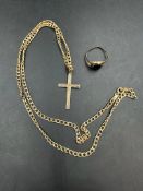 A 9ct gold cross on chain and and AF 9ct gold ring (Approximate total weight 4.5g)