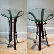 A pair of contemporary wrought iron side table with glass top (H60cm Dia37cm)