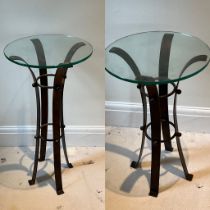 A pair of contemporary wrought iron side table with glass top (H60cm Dia37cm)