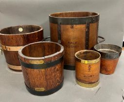 A selection of five various brass, leather and metal bound barrels, buckets etc.(Tallest 30cm)