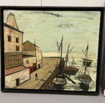Charles Levier (1920-2003), oil on canvas of a harbour scene (Framed size 66cm x 56cm)