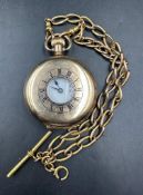 A gold plated half hunter pocket watch on a 9ct gold Albert chain (Approximate weight of chain 38.