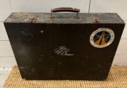 A prop masters wooden tool box with Moonraker sticker