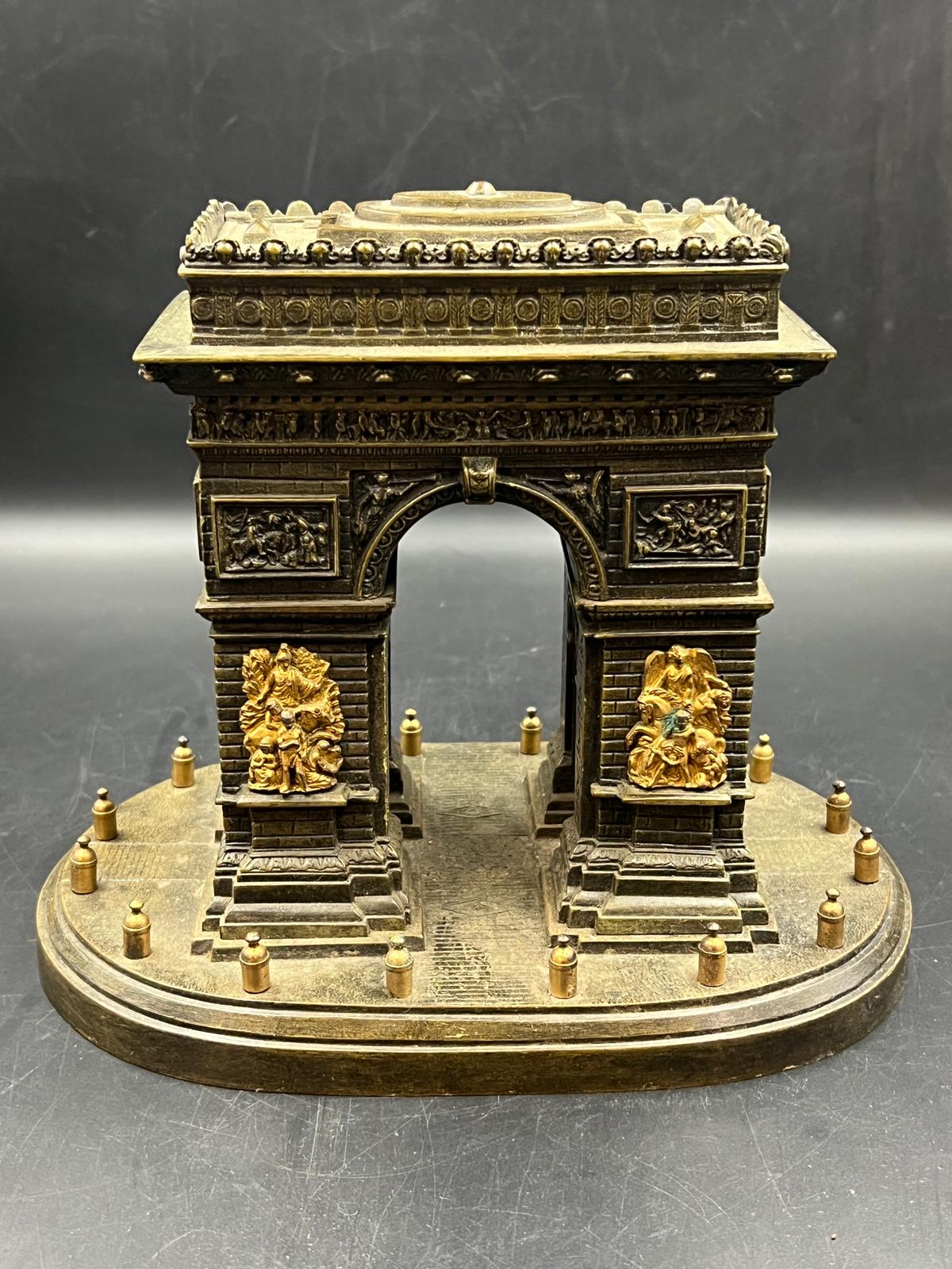 A 19th Century cast Bronze and ormolu Architectural Model of The Arc De Triomphe, having lift up lid