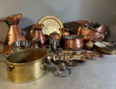 A selection of copper, brass and white metal items to include jugs, trays and a coal scuttle