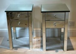 A pair of mirrored bedsides with two doors to centre (H64cm SQ38cm)