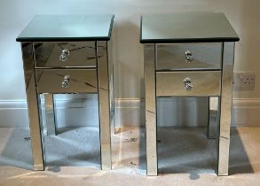 A pair of mirrored bedsides with two doors to centre (H64cm SQ38cm)