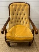 A button back library chair on castors upholstered in a mustard yellow