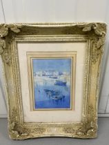 Will E Osborn signed bottom left a watercolour of fishing boats landing in ornate gilt frame.