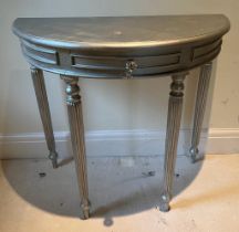 A Demi Lune painted silver side table (H77cm W85cm D38cm)