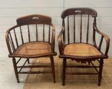 A Victorian oak his and hers stick back chairs with cane seat s