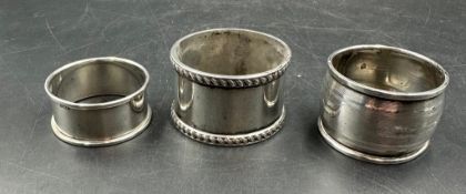 Three silver hallmarked napkin rings, various makers and years. (Approximate Total Weight 76g)