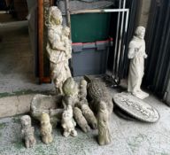 A selection of garden ornaments to include Saint Francis, Crocodile etc