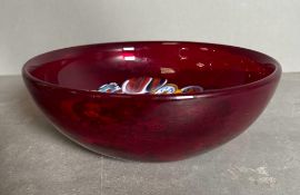 A red Murano glass bowl with Murrina Millefiori