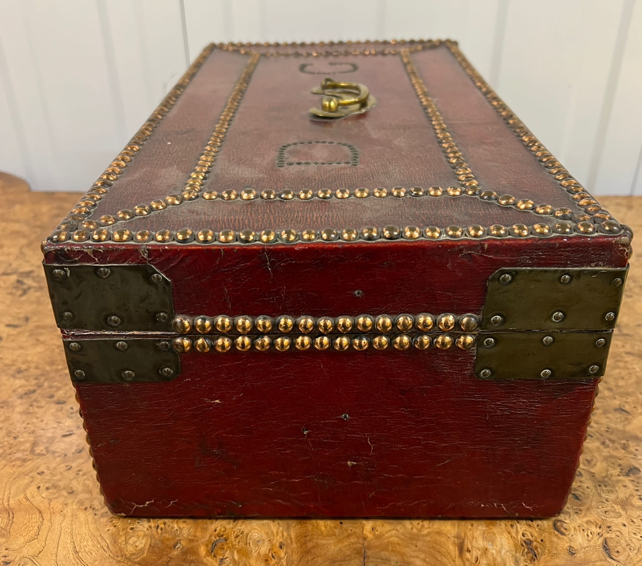 A red leather and brass deed box with stud detail (40cm x 23cm x 15cm) Dated to c 1750 Daniel - Image 2 of 4