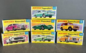 A selection of seven Matchbox Superfast toy cars boxed. numbers 24,27,53,45,18 and 46