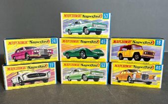 A selection of seven Matchbox Superfast toy cars boxed. numbers 24,27,53,45,18 and 46