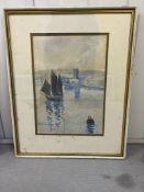 A watercolour of sailing boats in harbour signed bottom right Will E Osborn (AF)