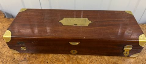 A campaign style brass bound mahogany box with green lined interior AF (42cm x 15cm x 9cm)