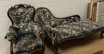 A Victorian lounge suite consisting of a mahogany framed chair and chaise lounge (Upholstery AF)