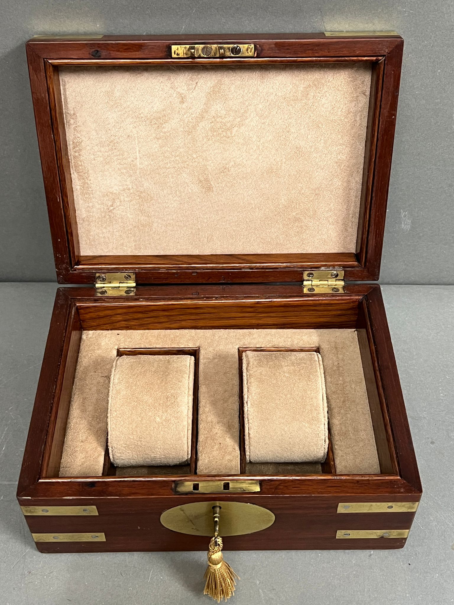 A brass banded watch box with key, two watches. - Image 2 of 3