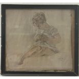 A naive pencil sketch of a young boy buttoning his smock stamped and dated 1918