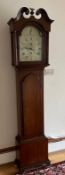 An oak brass dial longcase clock with five pillar movement, seconds and calendar dials also strike/