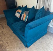 A peacock blue upholstered drop end sofa (W216cm D100cm H78cm)