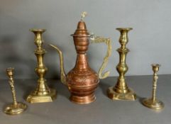 Two pairs of brass candlesticks, (One set 28.5cm and 16cm tall) Along with a Persian coffee pot