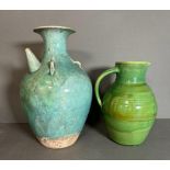 A Studio pottery green ground jug and a blue ground vase