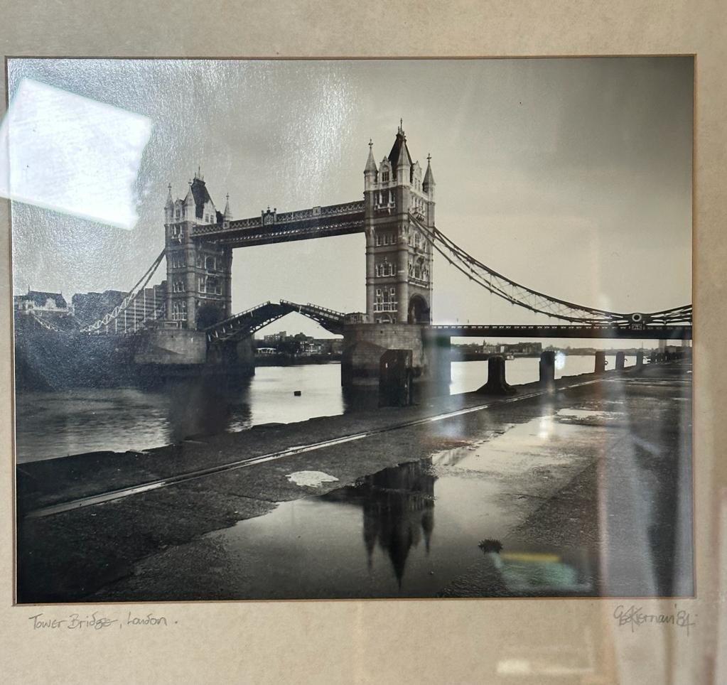 Two black and white framed photographs of London, Tower Bridge and St Pauls both signed lower - Image 2 of 4