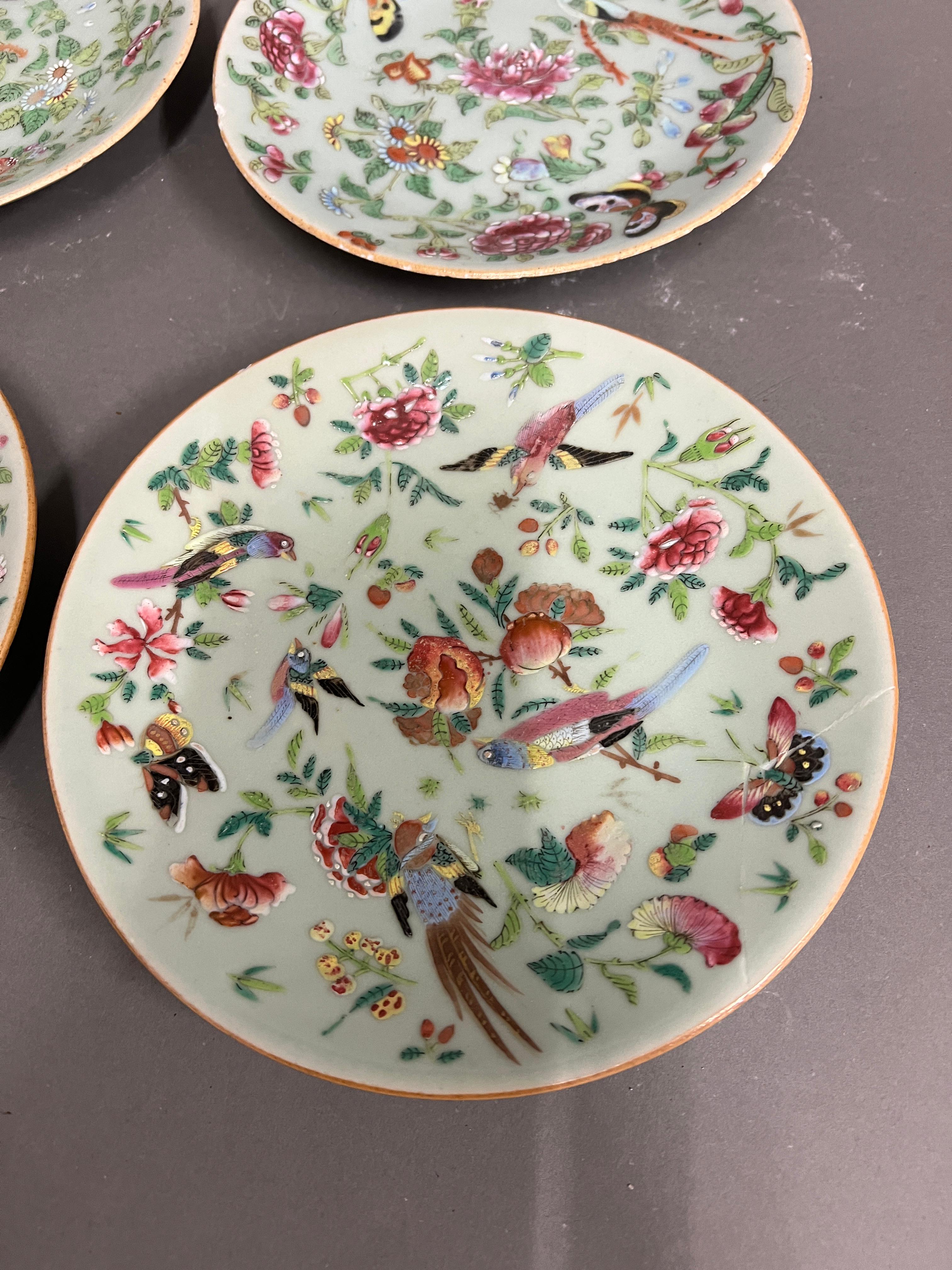 Four Celadon porcelain Famille pates, decorated in enamels with birds (Dia19cm) - Image 2 of 7