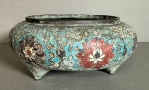 A blue ground Cloisonne Senser with floral detail, signed to bottom
